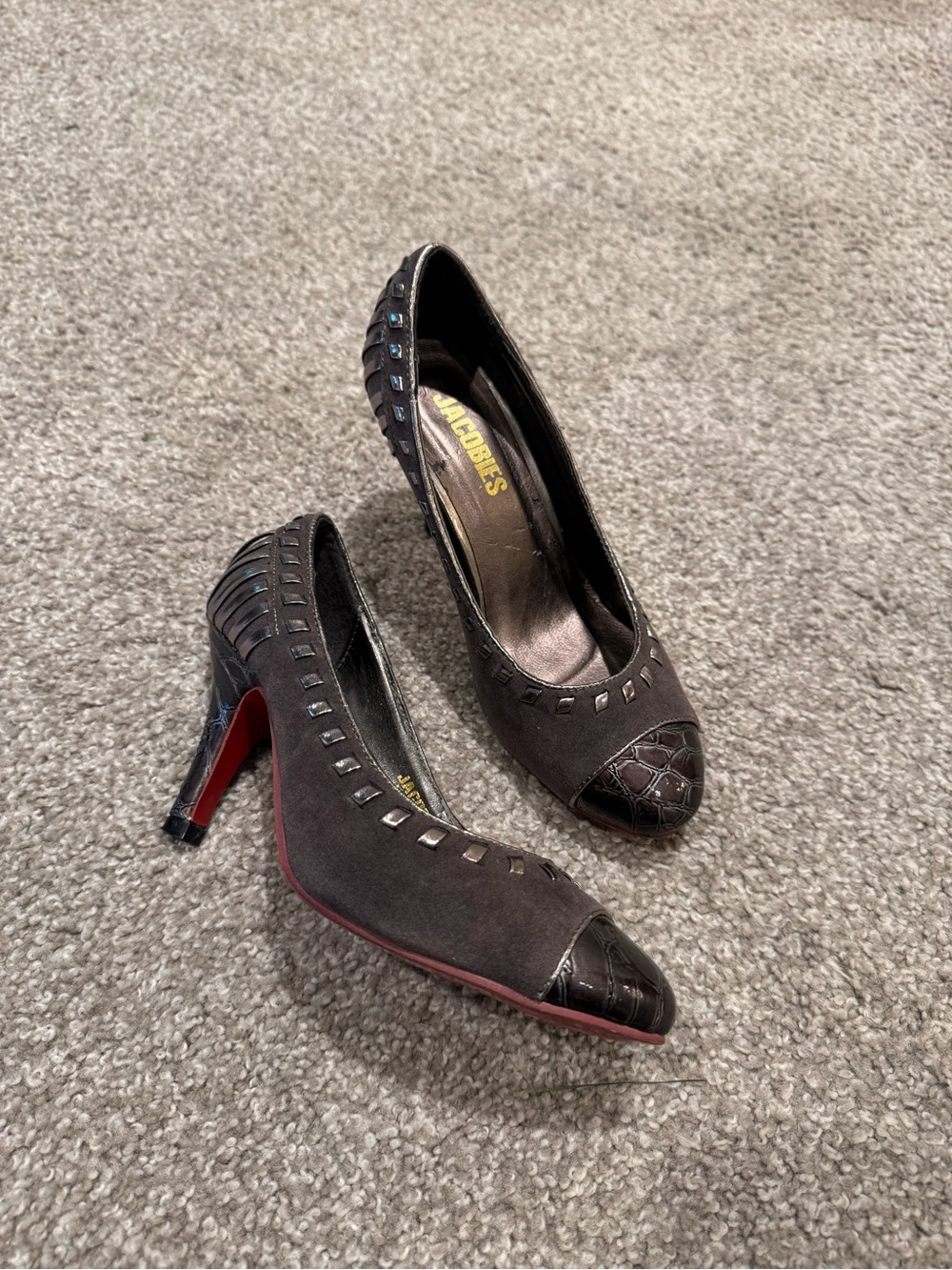 Women's Dark Gray Suede Croc-Accent and Silver Mid Heels